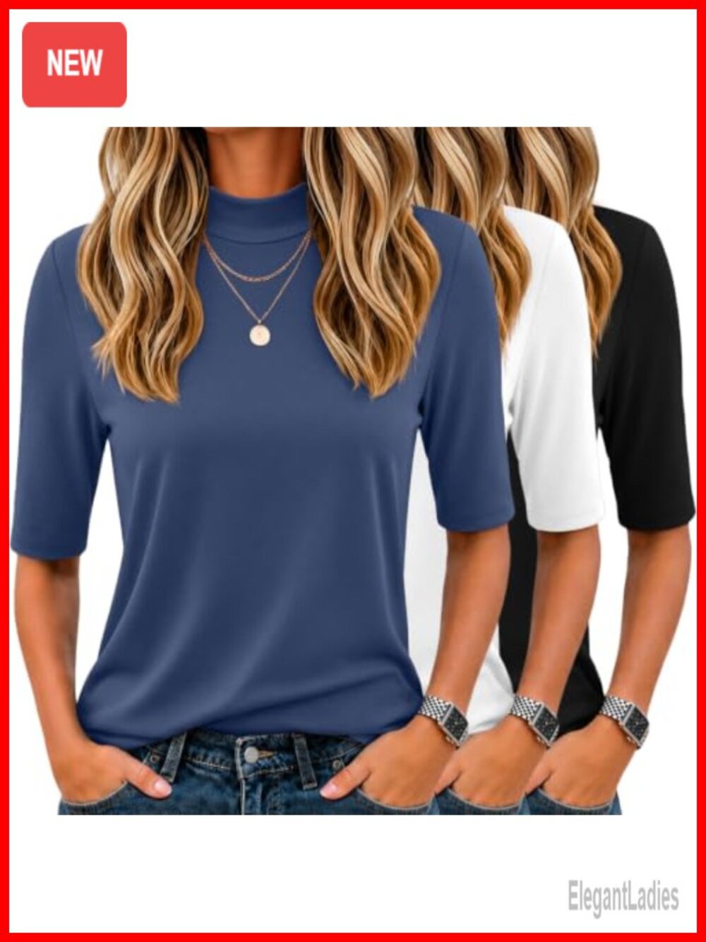 Women's Mock Neck Half Sleeve Fitted Tee 3 Pack